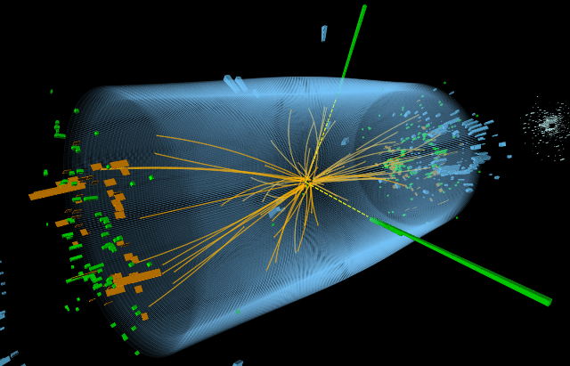 Image of an event recorded in the CMS detector showing the production of two photons.